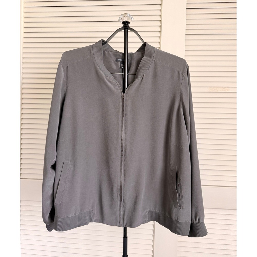 Eileen Fisher Silk Bomber Jacket Gray Full Zip Ribbed Trim Plus Size 2X